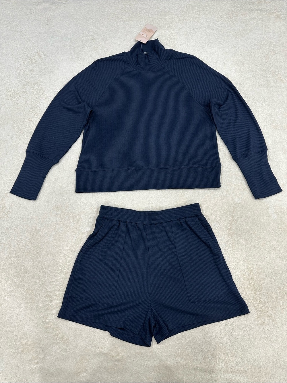 Women’s Navy Ribbed Two-Piece Pajama Set Size M